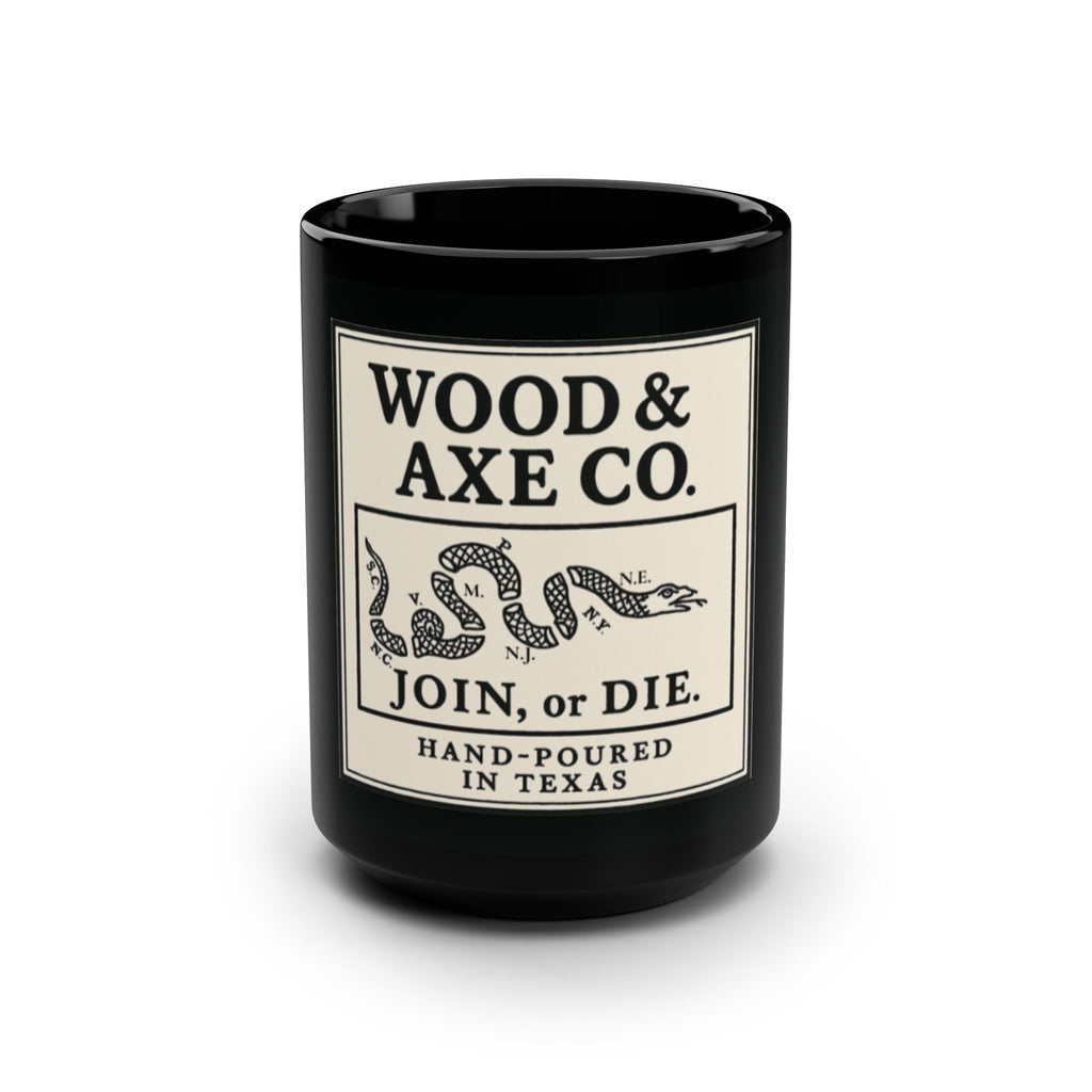 WOOD&AXECO. “JOIN OR DIE” PATRIOTIC COFFEE MUG — 15 OZ BLACK CERAMIC, RUSTIC CAMP MUG