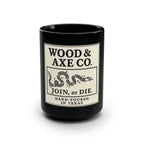 WOOD&AXECO. “JOIN OR DIE” PATRIOTIC COFFEE MUG — 15 OZ BLACK CERAMIC, RUSTIC CAMP MUG