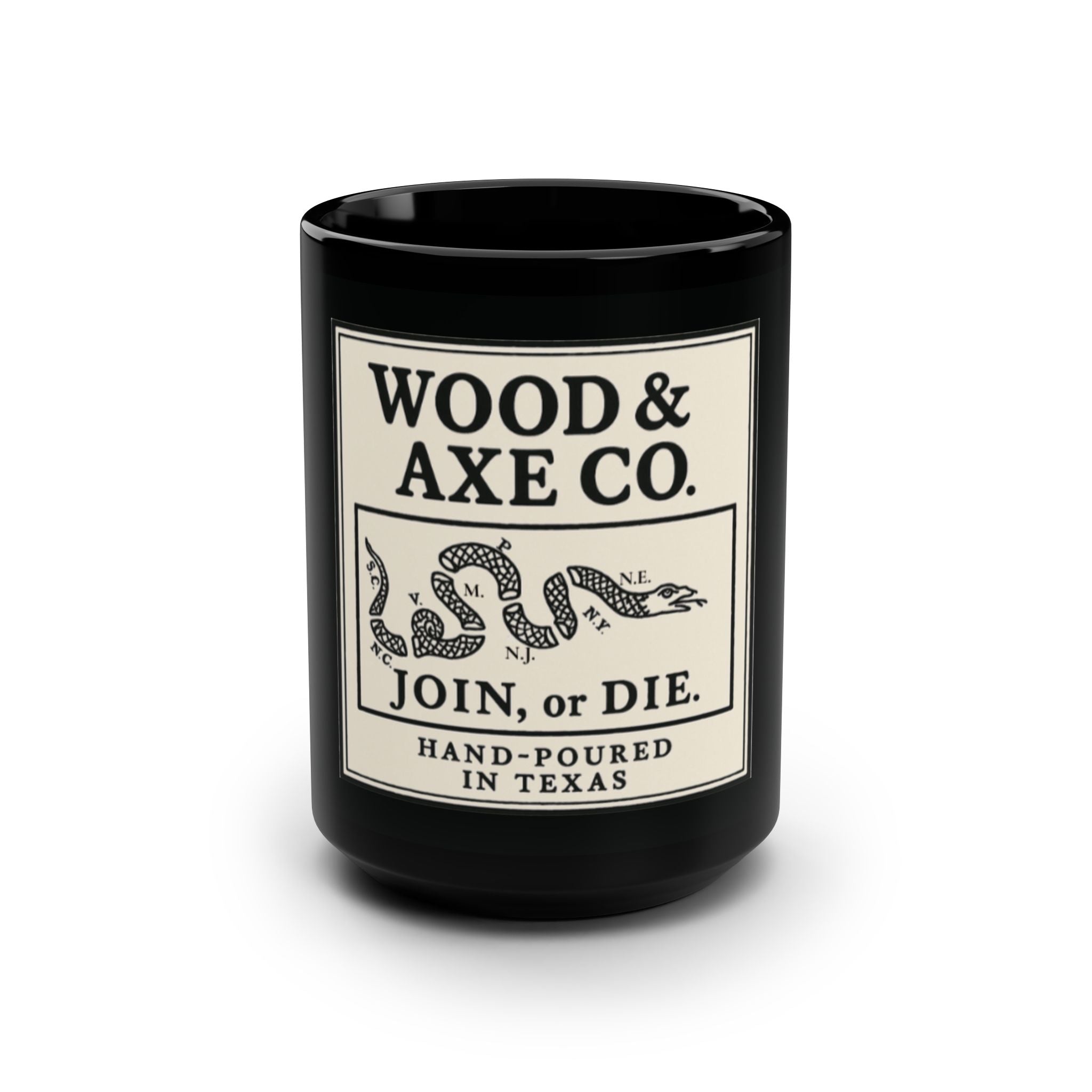 WOOD&AXECO. “JOIN OR DIE” PATRIOTIC COFFEE MUG — 15 OZ BLACK CERAMIC, RUSTIC CAMP MUG