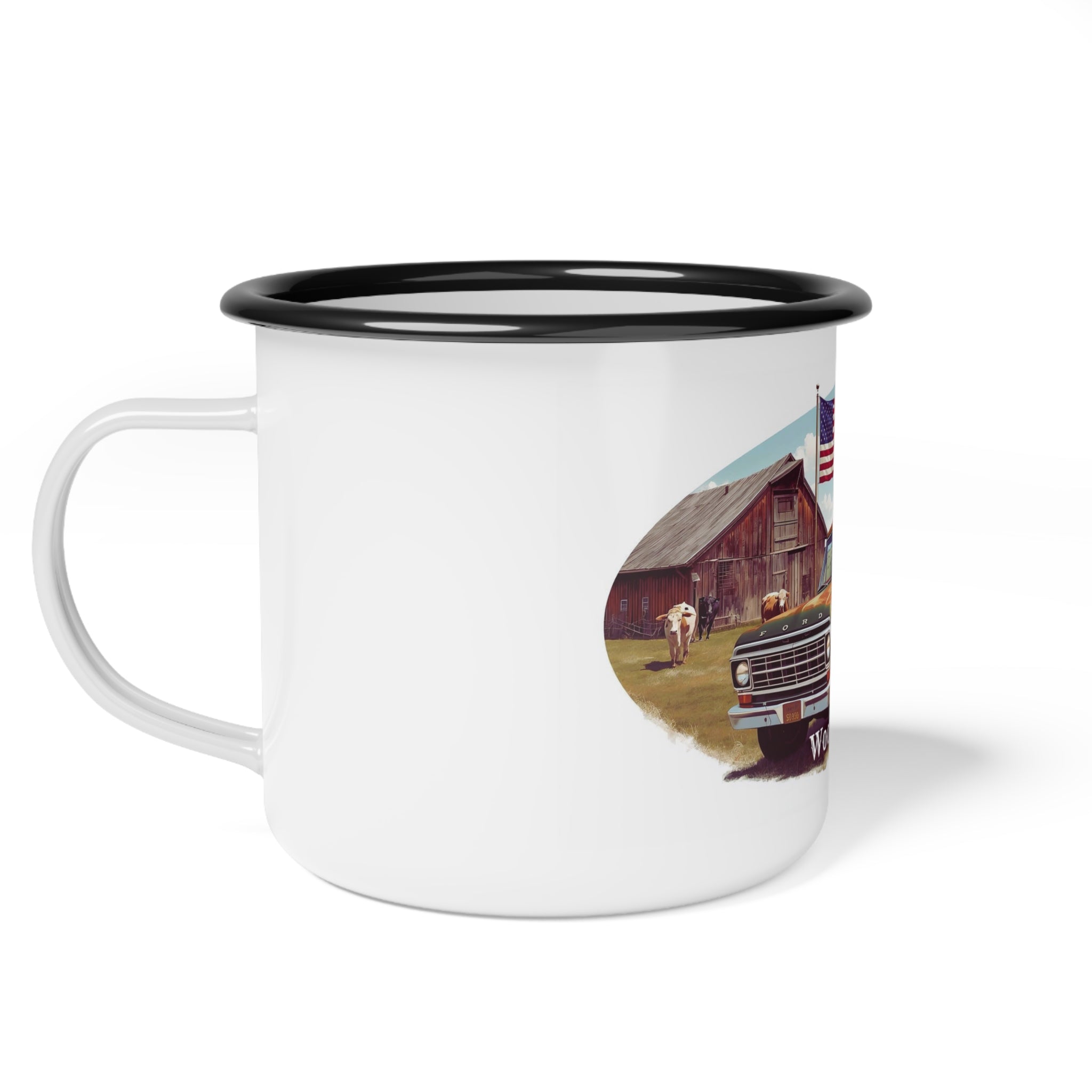 Enamel Camp Cup — Vintage Pickup Truck & American Flag Mug