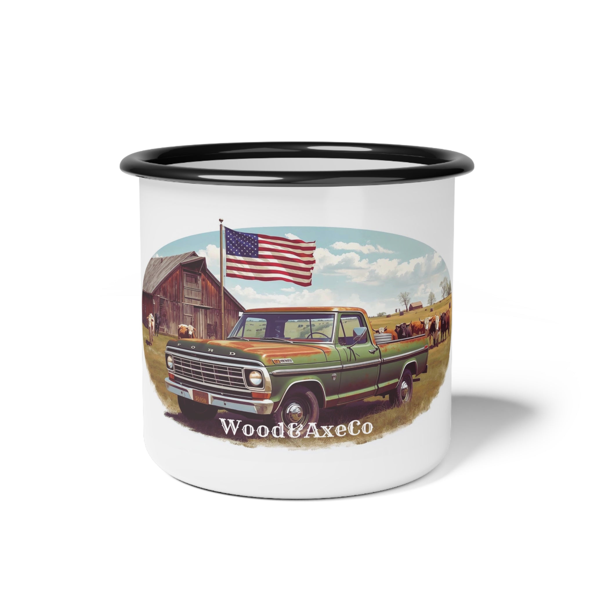 Enamel Camp Cup — Vintage Pickup Truck & American Flag Mug
