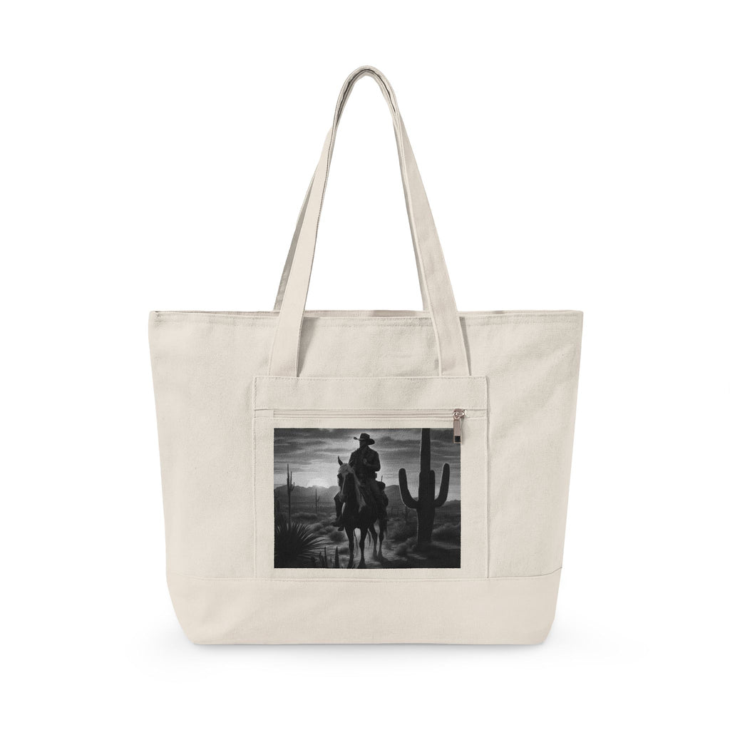 Cowboy Sunset Canvas Tote — Zippered Western Rider Tote Bag