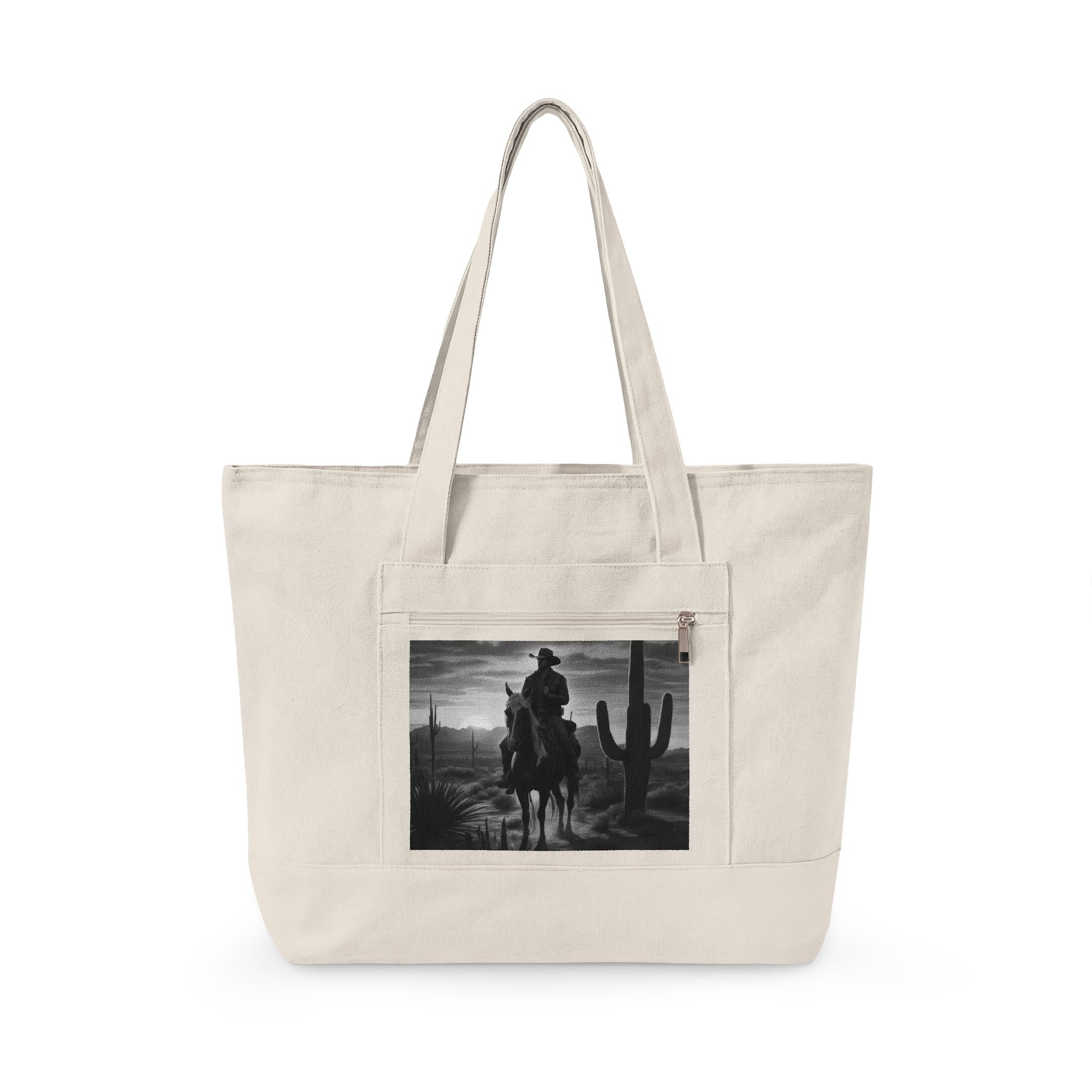 Cowboy Sunset Canvas Tote — Zippered Western Rider Tote Bag