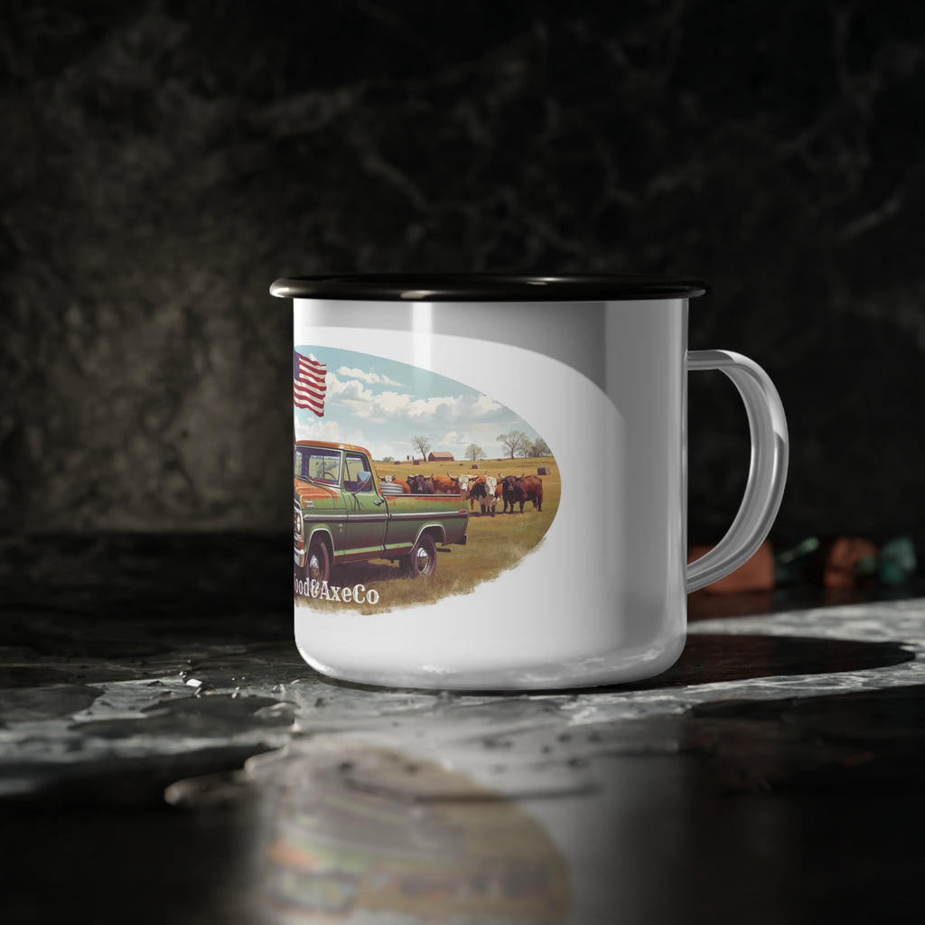 Enamel Camp Cup — Vintage Pickup Truck & American Flag Mug