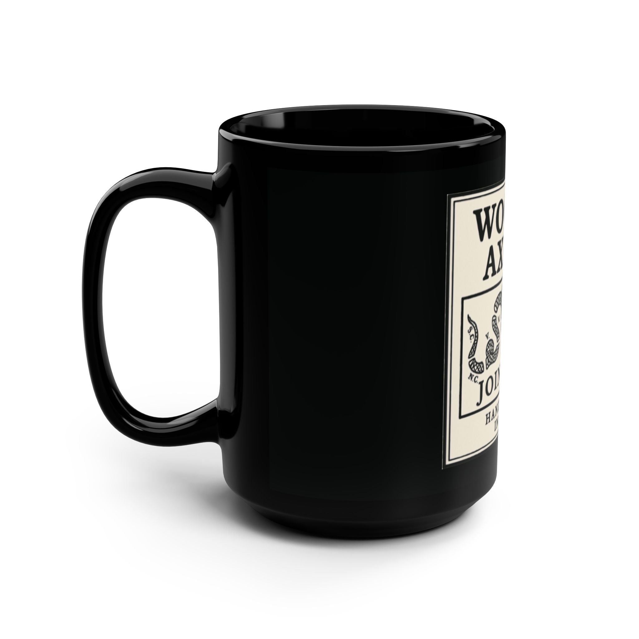 WOOD&AXECO. “JOIN OR DIE” PATRIOTIC COFFEE MUG — 15 OZ BLACK CERAMIC, RUSTIC CAMP MUG