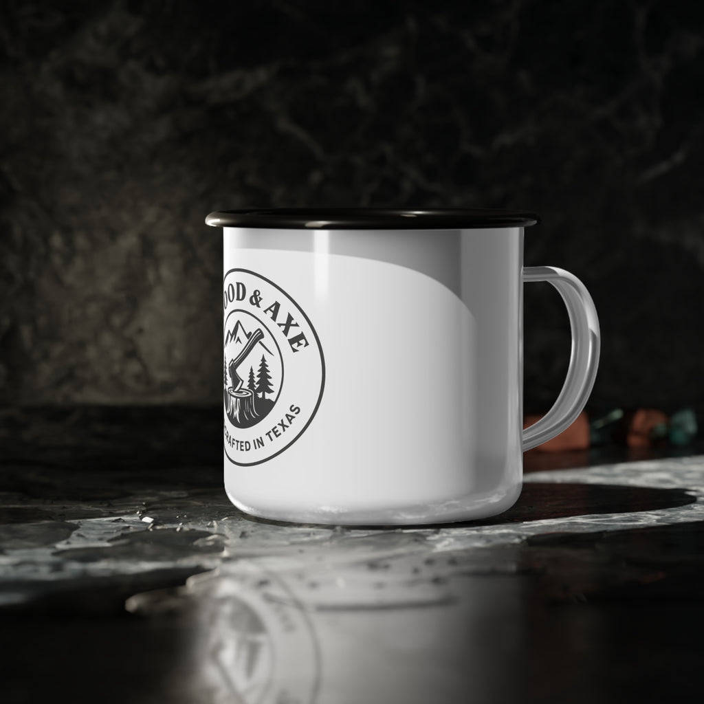 Wood & Axe Logo Camping Mug, Enamel Cup, Camping.