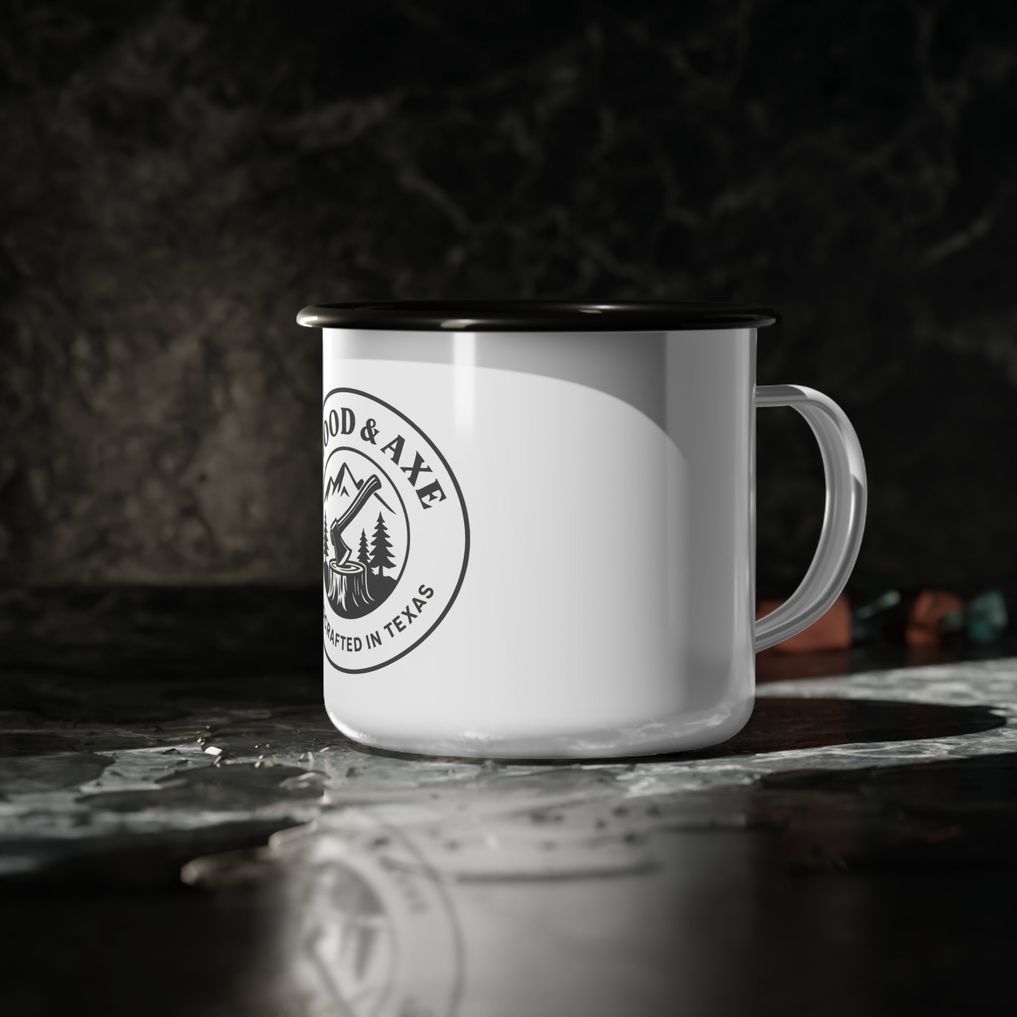 Wood & Axe Logo Camping Mug, Enamel Cup, Camping.