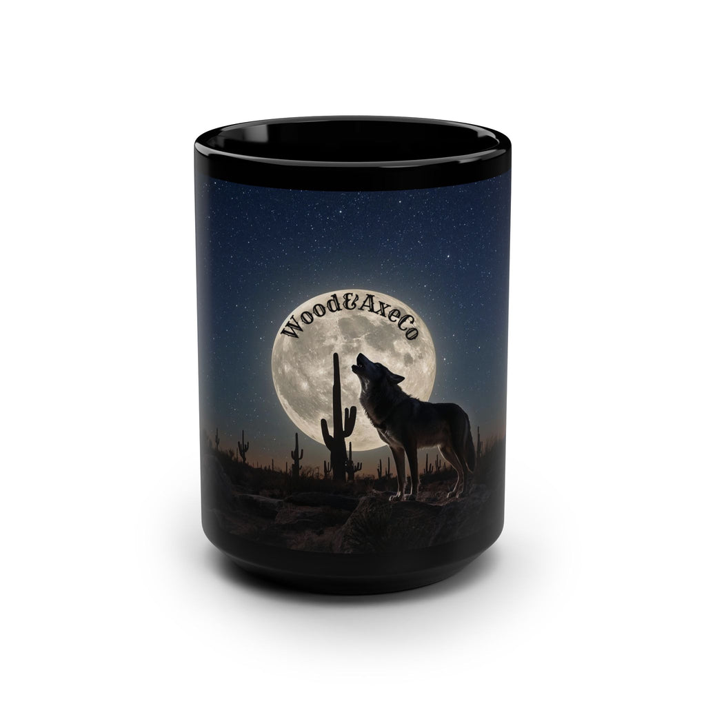 wolf mug, full moon mug, black coffee mug, 15 oz coffee cup, outdoorsy mug, nature lover gift, rustic coffee mug, camping coffee cup, wildlife mug, wolf gift idea, office coffee mug, home decor mug, outdoor coffee cup, animal print mug, ceramic coffee mug, gift for coffee lovers, moon and wolf design, black mug 15oz, forest camping mug, rustic nature gift.