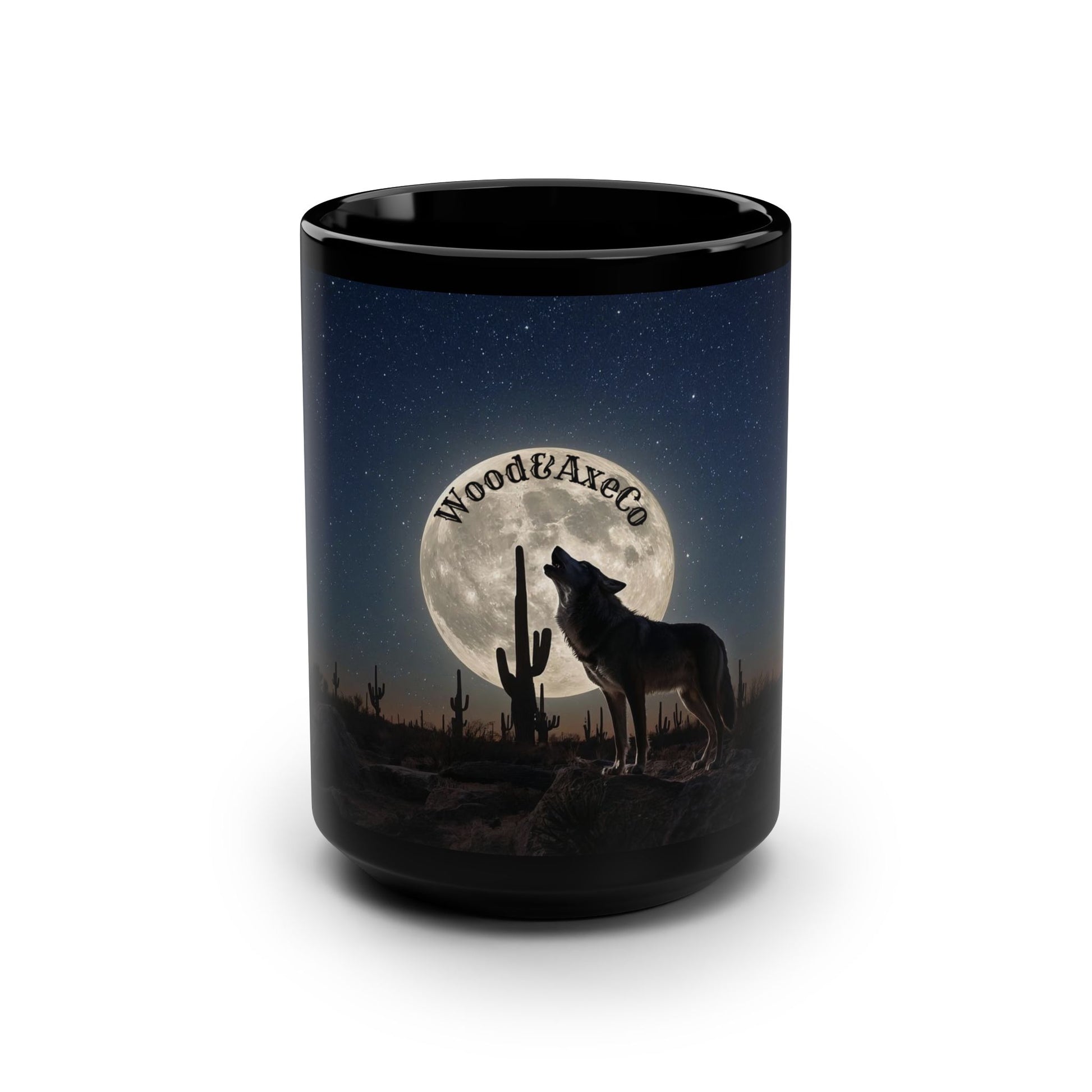 wolf mug, full moon mug, black coffee mug, 15 oz coffee cup, outdoorsy mug, nature lover gift, rustic coffee mug, camping coffee cup, wildlife mug, wolf gift idea, office coffee mug, home decor mug, outdoor coffee cup, animal print mug, ceramic coffee mug, gift for coffee lovers, moon and wolf design, black mug 15oz, forest camping mug, rustic nature gift.
