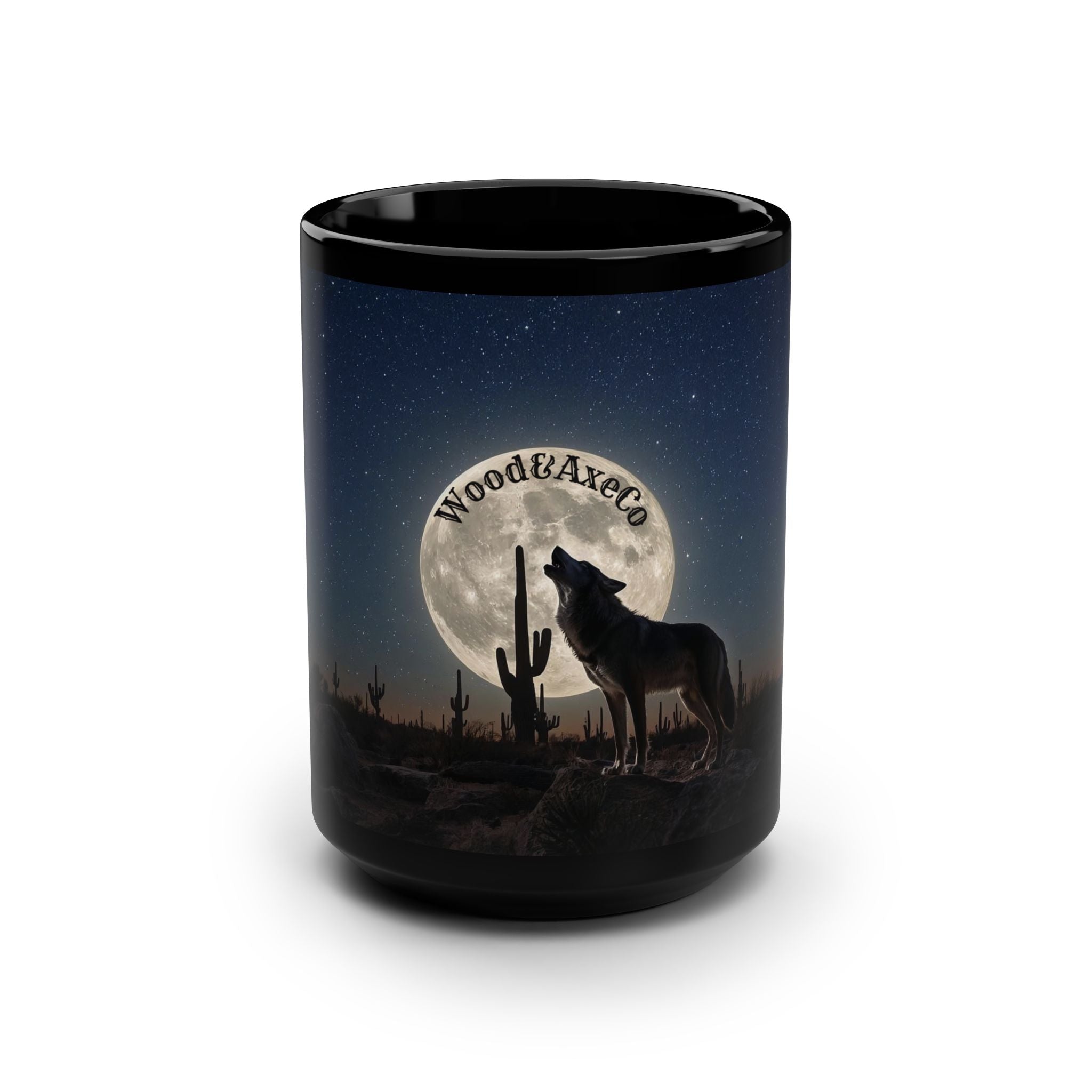 wolf mug, full moon mug, black coffee mug, 15 oz coffee cup, outdoorsy mug, nature lover gift, rustic coffee mug, camping coffee cup, wildlife mug, wolf gift idea, office coffee mug, home decor mug, outdoor coffee cup, animal print mug, ceramic coffee mug, gift for coffee lovers, moon and wolf design, black mug 15oz, forest camping mug, rustic nature gift.