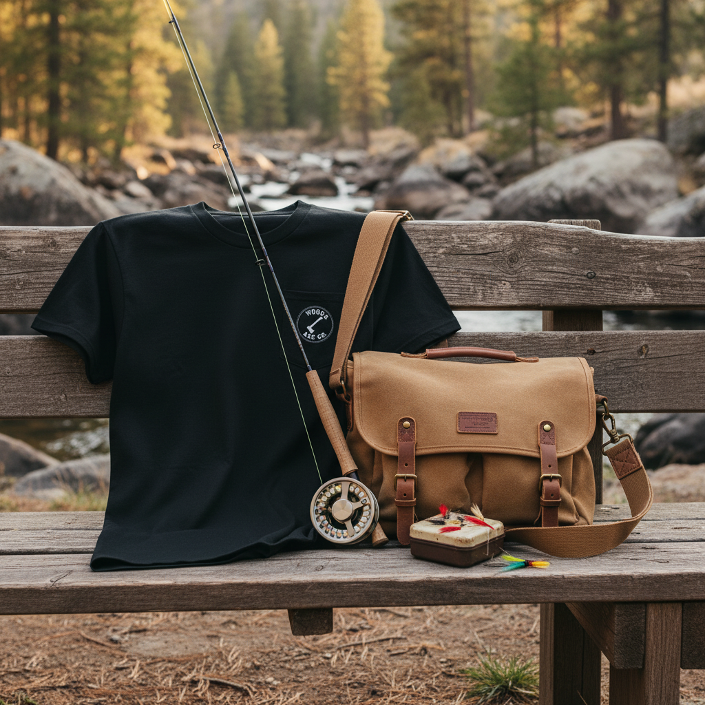 Pocket Tee on Bench with Fishing Gear